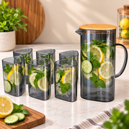 7-Piece Smoke Glass Water Jug & Tumbler Set with Bamboo Lid