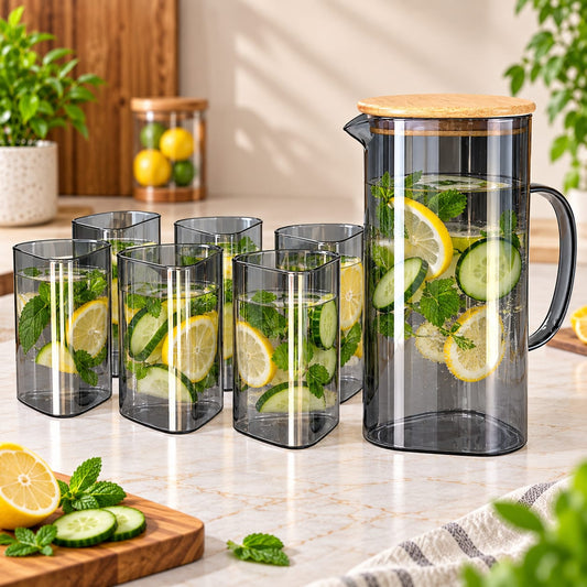 7-Piece Smoke Glass Water Jug & Tumbler Set with Bamboo Lid