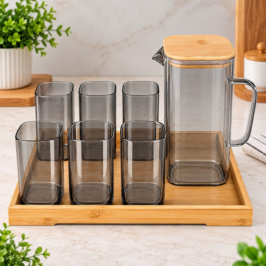 7-Piece Glass Water Jug Set with Bamboo Tray