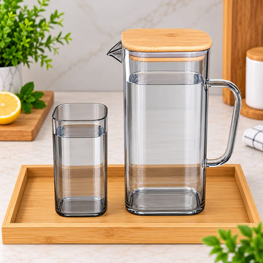 Smoky Grey Water Jug Set with 6 Tumblers | 7-Piece Drinkware Set with Wooden-Finish Lid