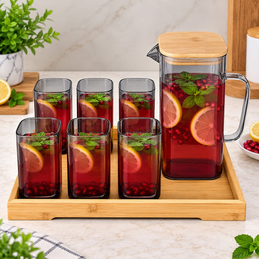 Smoky Grey Water Jug Set with 6 Tumblers | 7-Piece Drinkware Set with Wooden-Finish Lid