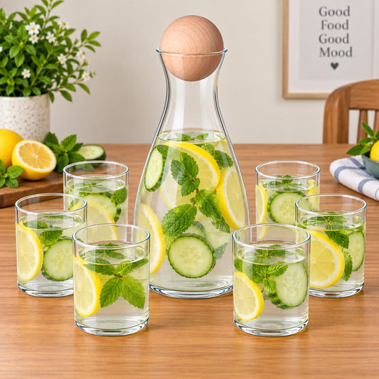 7-Piece Glass Water Carafe & Tumbler Set with Wooden Lid