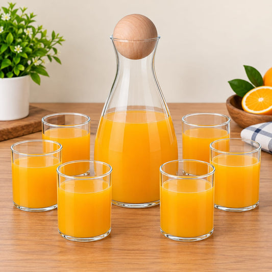 7-Piece Glass Water Carafe & Tumbler Set with Wooden Lid