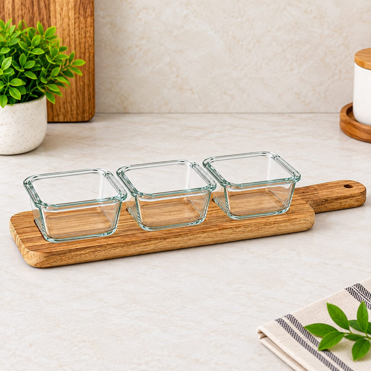 3-Piece Glass Serving Bowl Set with Wooden Tray