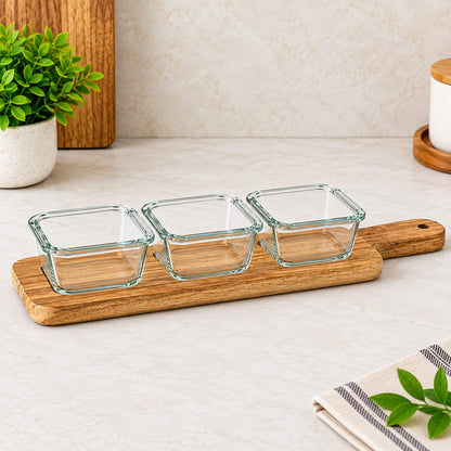 3-Piece Glass Serving Bowl Set with Wooden Tray