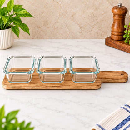 3-Piece Glass Serving Bowl Set with Wooden Tray