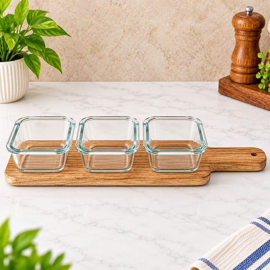 3-Piece Glass Serving Bowl Set with Wooden Tray