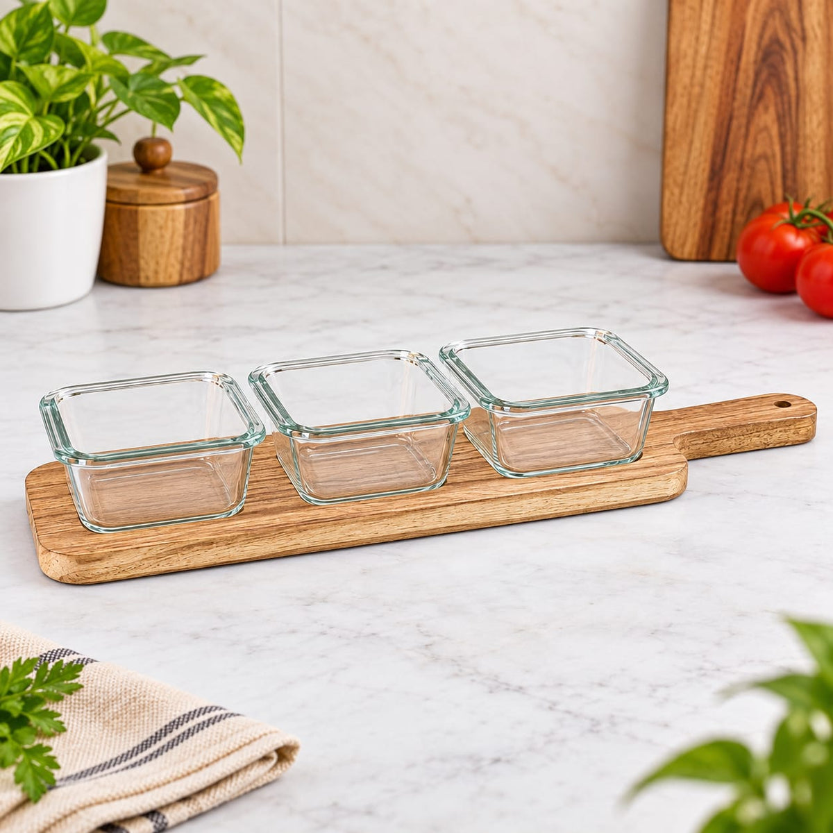 3-Piece Glass Serving Bowl Set with Wooden Tray