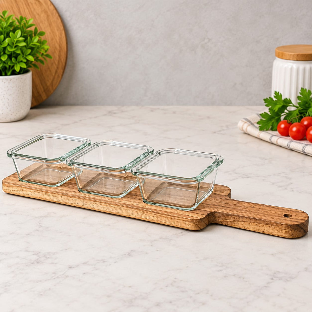 3-Piece Glass Serving Bowl Set with Wooden Tray