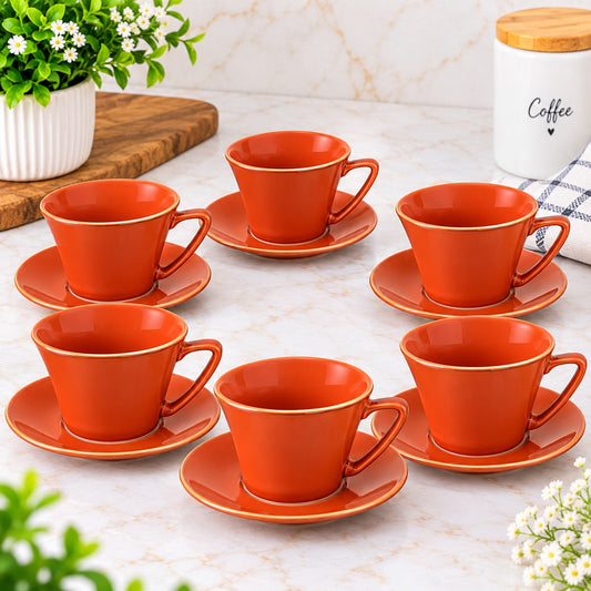 Orange Tea Cup & Saucer Set with Golden Rim – Set of 6