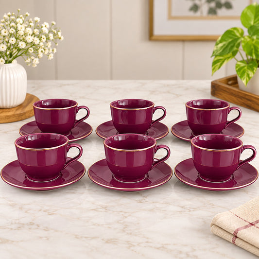Burgundy Tea Cup & Saucer Set with Golden Rim – Set of 6