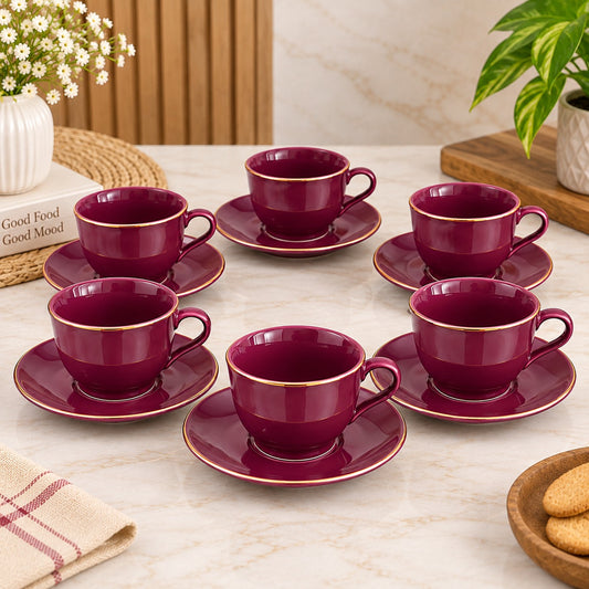 Burgundy Tea Cup & Saucer Set with Golden Rim – Set of 6