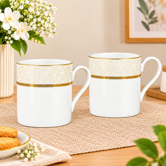 White & Gold Coffee Mugs with Elegant Floral Design – Set of 6