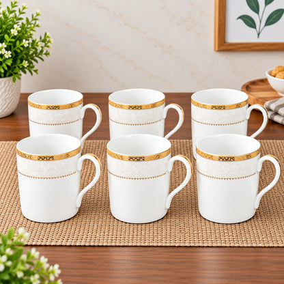 White Coffee Mugs with Golden Floral Border – Set of 6