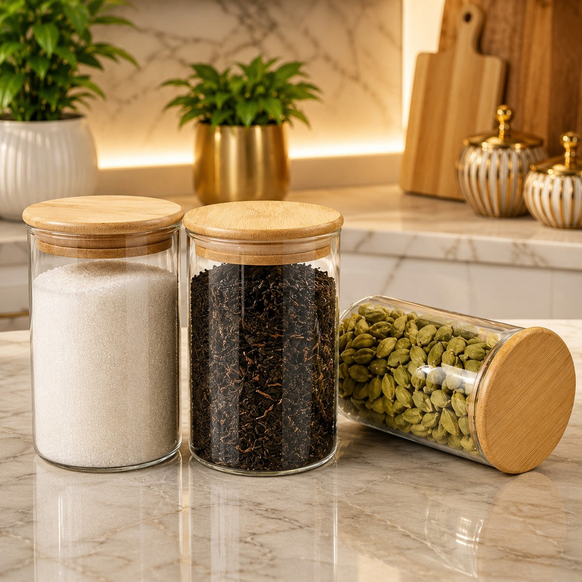 CP Borosilicate Glass Storage Container Set of 3 with Wooden Lids | 320 ml Each | Airtight Kitchen Storage Jars for Tea, Coffee, Sugar, Dry Fruits, Spices & Snacks