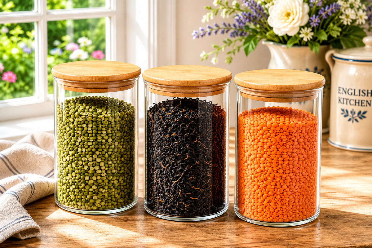 CP Borosilicate Glass Storage Container Set of 3 with Wooden Lids | 320 ml Each | Airtight Kitchen Storage Jars for Tea, Coffee, Sugar, Dry Fruits, Spices & Snacks