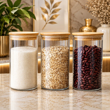 CP Borosilicate Glass Storage Container Set of 3 with Wooden Lids | 320 ml Each | Airtight Kitchen Storage Jars for Tea, Coffee, Sugar, Dry Fruits, Spices & Snacks