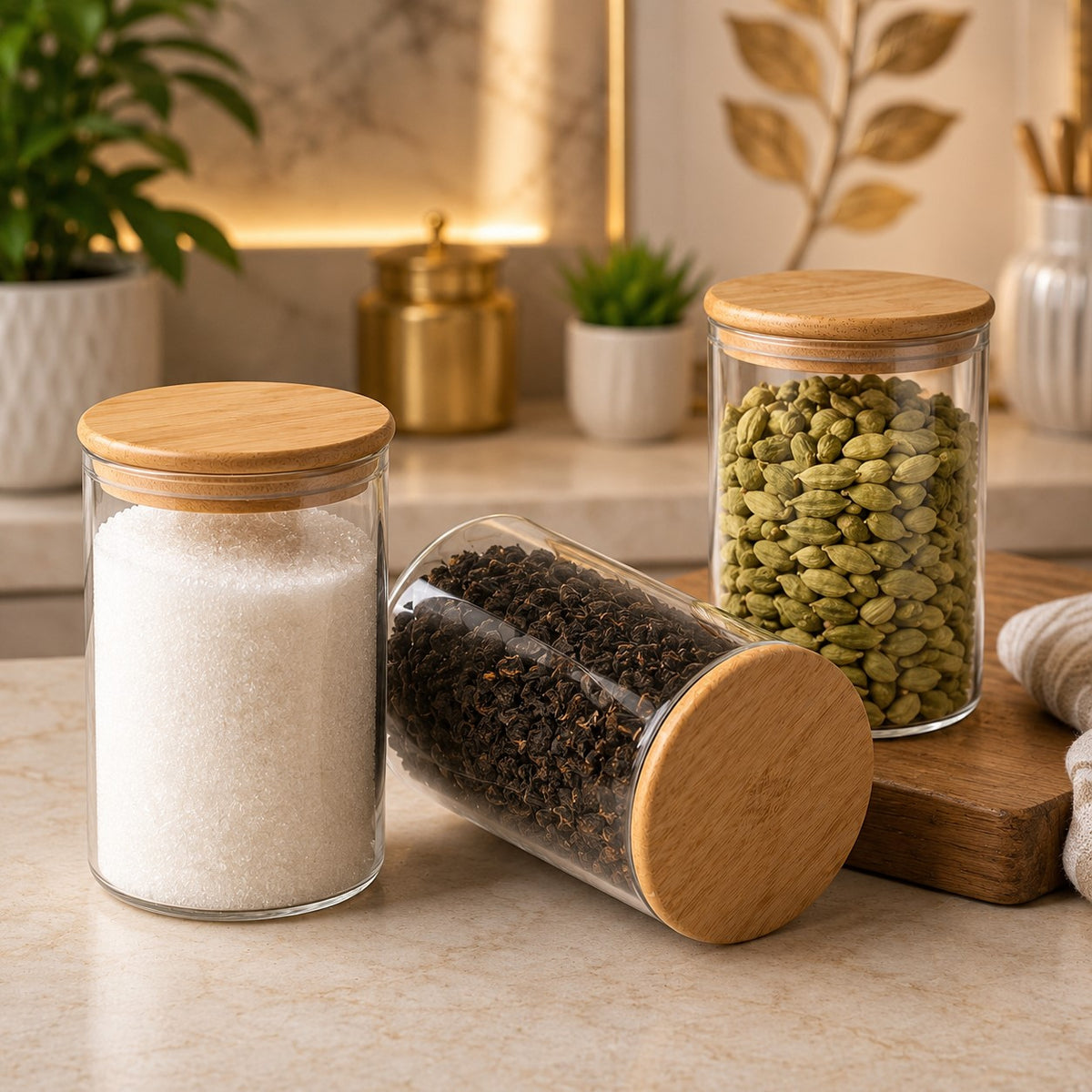 CP Borosilicate Glass Storage Container Set of 3 with Wooden Lids | 320 ml Each | Airtight Kitchen Storage Jars for Tea, Coffee, Sugar, Dry Fruits, Spices & Snacks