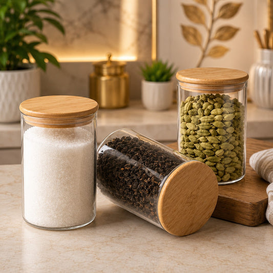 CP Borosilicate Glass Storage Container Set of 3 with Wooden Lids | 320 ml Each | Airtight Kitchen Storage Jars for Tea, Coffee, Sugar, Dry Fruits, Spices & Snacks