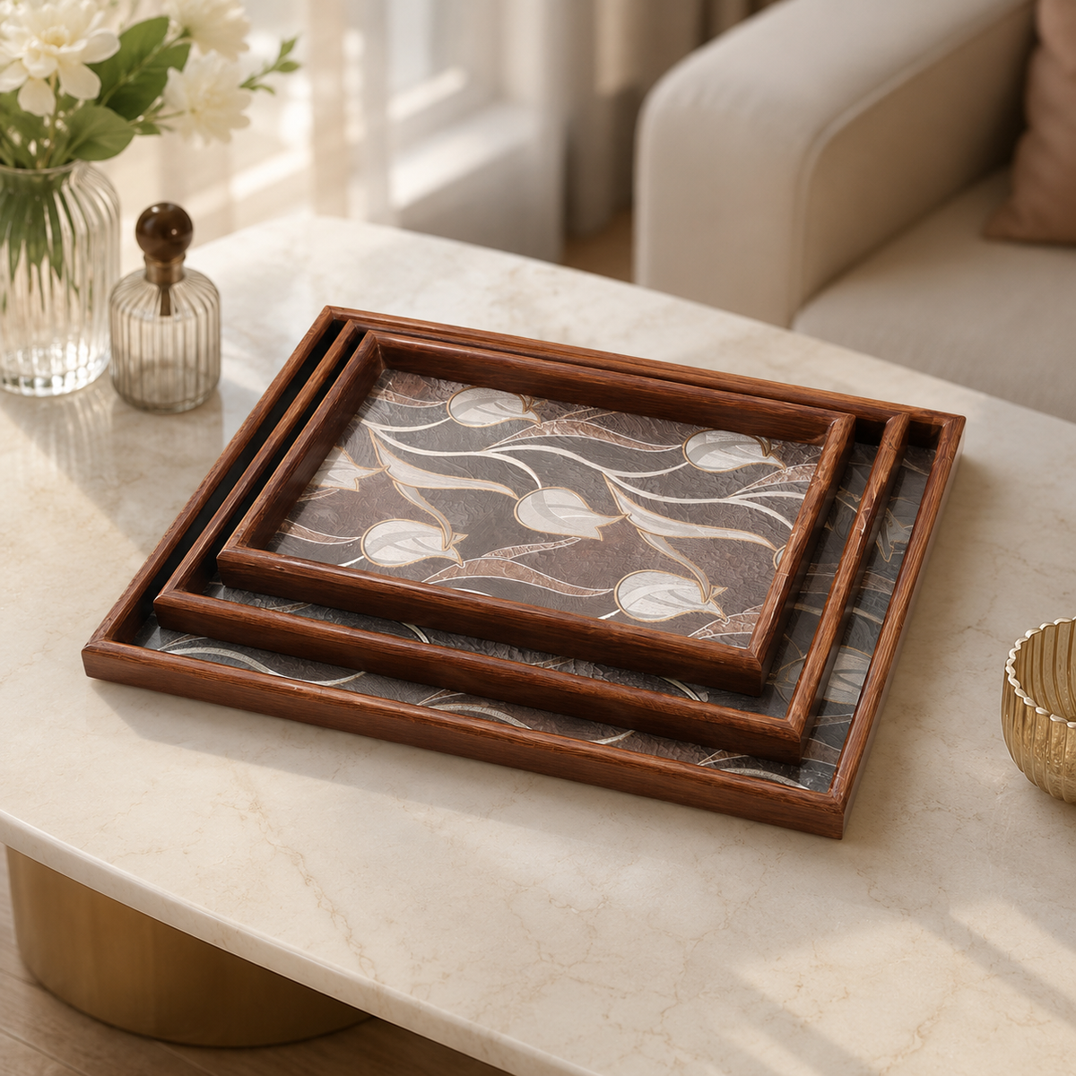 Premium Wooden Serving Tray Set – 3 Pcs | Elegant Brown Leaf Print Rectangular Trays with Decorative Wooden Borders