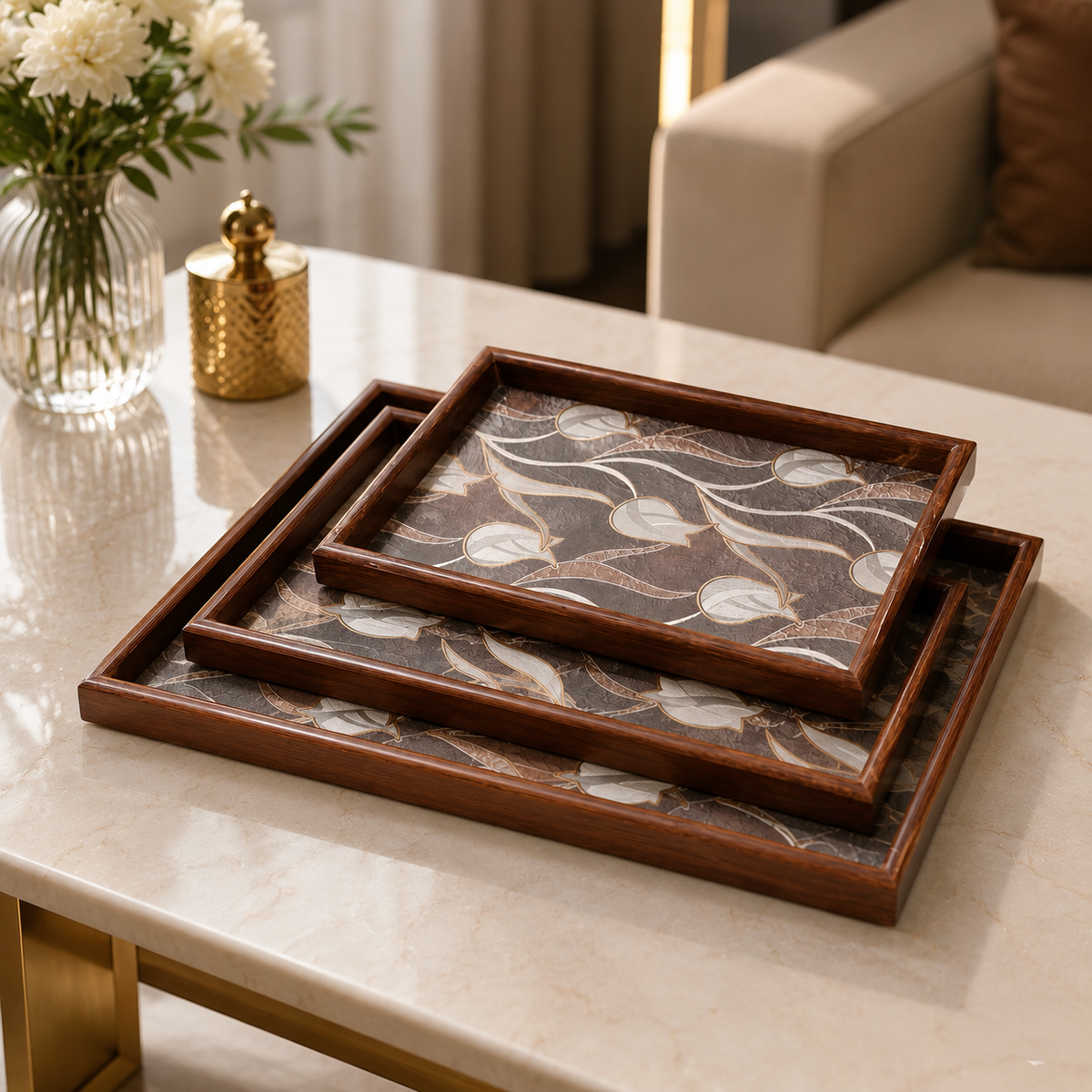 Premium Wooden Serving Tray Set – 3 Pcs | Elegant Brown Leaf Print Rectangular Trays with Decorative Wooden Borders