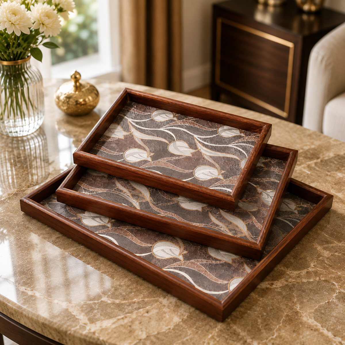 Premium Wooden Serving Tray Set – 3 Pcs | Elegant Brown Leaf Print Rectangular Trays with Decorative Wooden Borders
