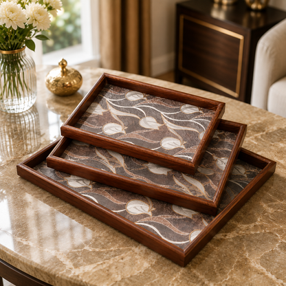 Premium Wooden Serving Tray Set – 3 Pcs | Elegant Brown Leaf Print Rectangular Trays with Decorative Wooden Borders