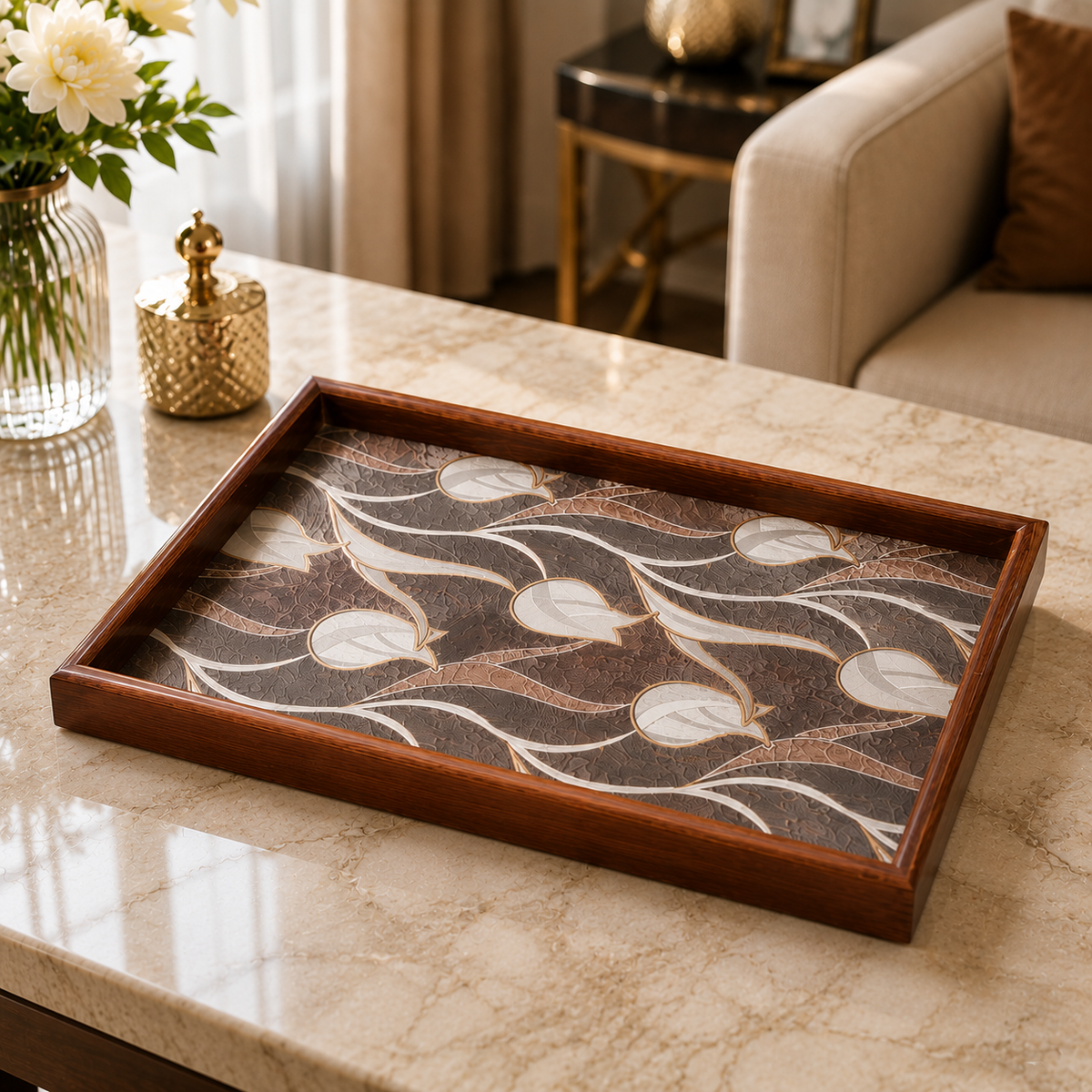 Premium Wooden Serving Tray Set – 3 Pcs | Elegant Brown Leaf Print Rectangular Trays with Decorative Wooden Borders