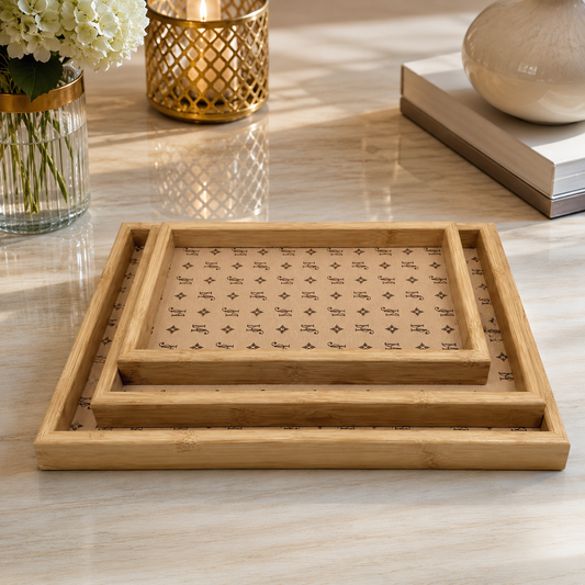 Premium Natural Bamboo Wooden Serving Tray Set – 3 Pcs | Rectangular Nesting Trays with Elegant Printed Base
