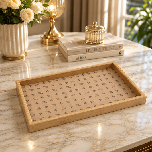 Premium Natural Bamboo Wooden Serving Tray Set – 3 Pcs | Rectangular Nesting Trays with Elegant Printed Base