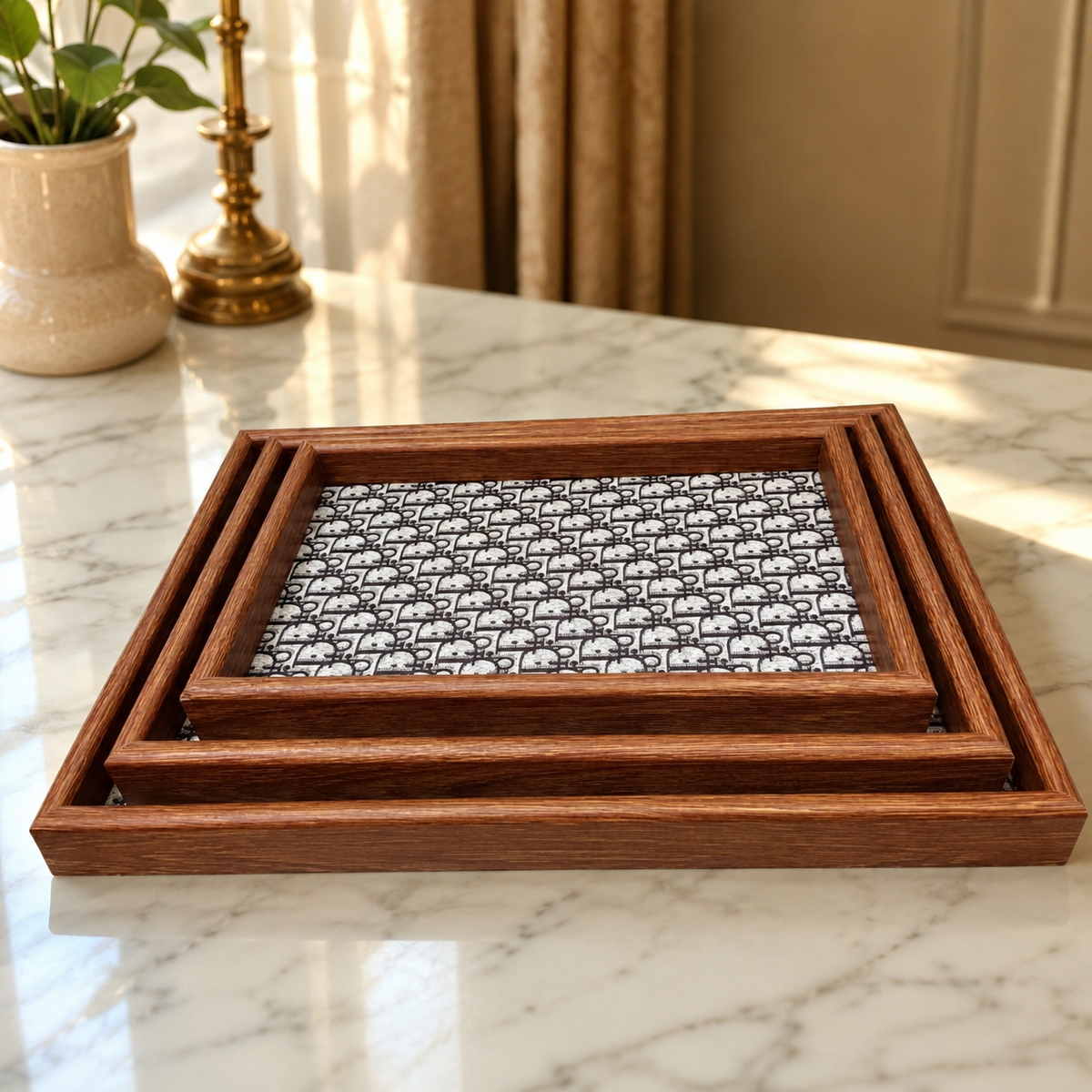 Premium Wooden Serving Tray Set – 3 Pcs | Elegant Dark Brown Rectangular Trays with Black & White Geometric Pattern