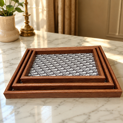 Premium Wooden Serving Tray Set – 3 Pcs | Elegant Dark Brown Rectangular Trays with Black & White Geometric Pattern