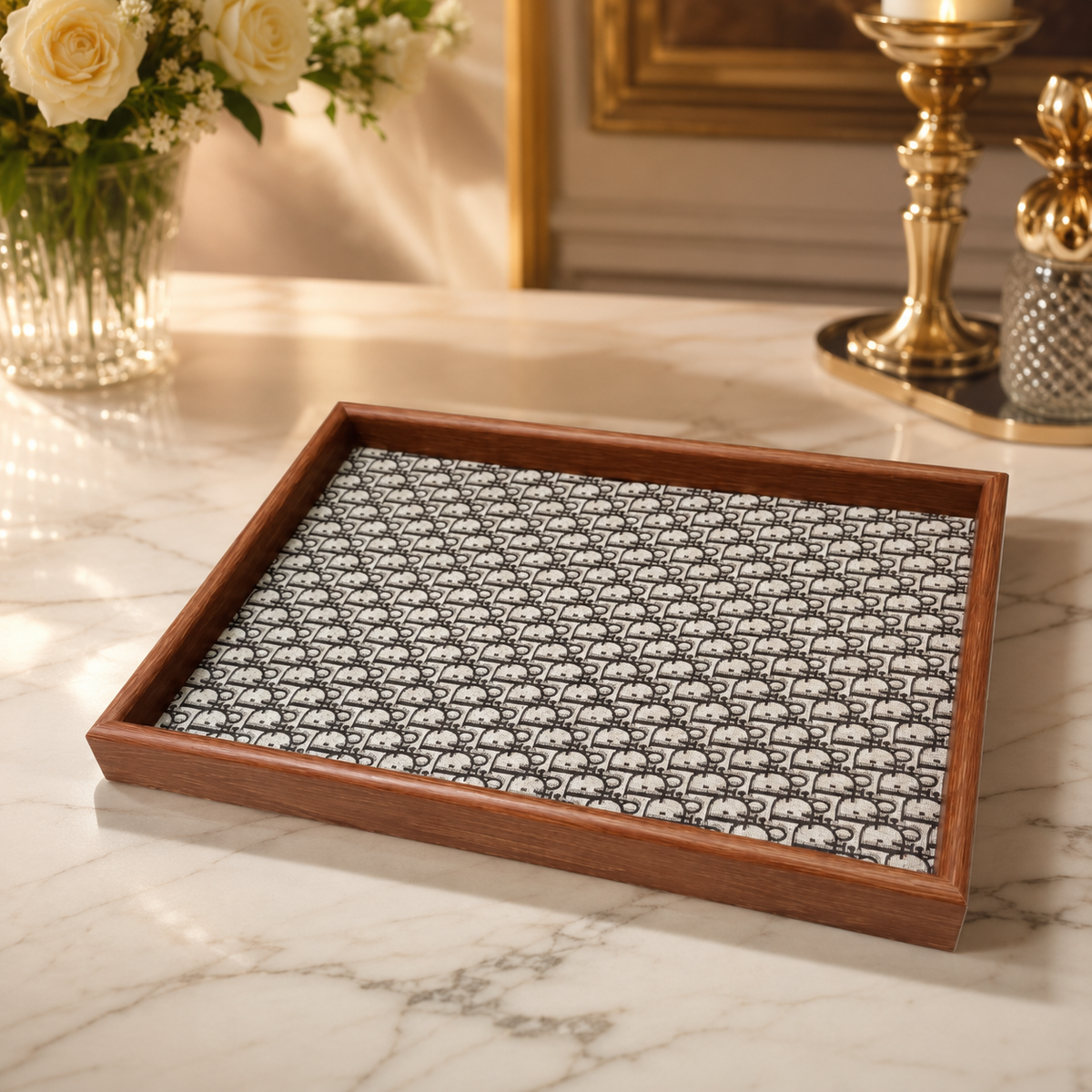 Premium Wooden Serving Tray Set – 3 Pcs | Elegant Dark Brown Rectangular Trays with Black & White Geometric Pattern