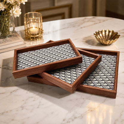 Premium Wooden Serving Tray Set – 3 Pcs | Elegant Dark Brown Rectangular Trays with Black & White Geometric Pattern