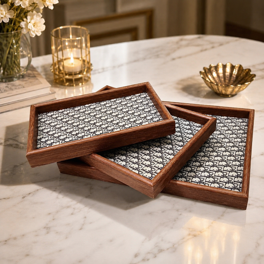 Premium Wooden Serving Tray Set – 3 Pcs | Elegant Dark Brown Rectangular Trays with Black & White Geometric Pattern