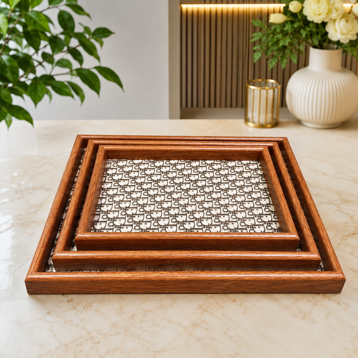 Premium Wooden Serving Tray Set – 3 Pcs | Elegant Dark Brown Rectangular Trays with Black & White Geometric Pattern