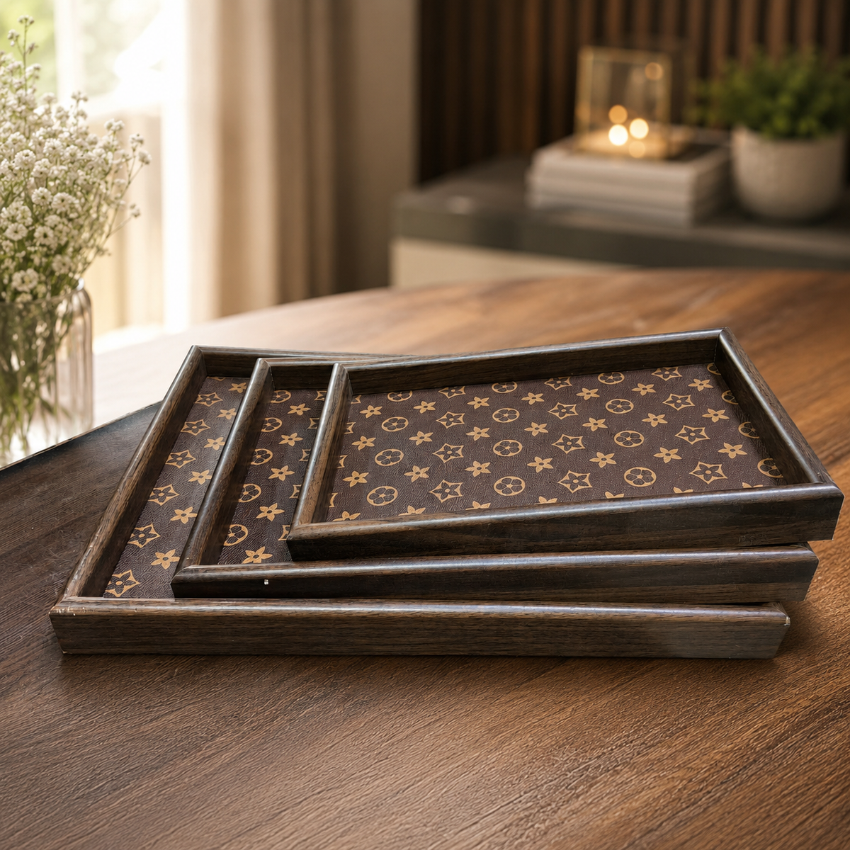 Premium Dark Brown Wooden Serving Tray Set – 3 Pcs | Luxury Gold Monogram Print Rectangular Trays with Raised Borders
