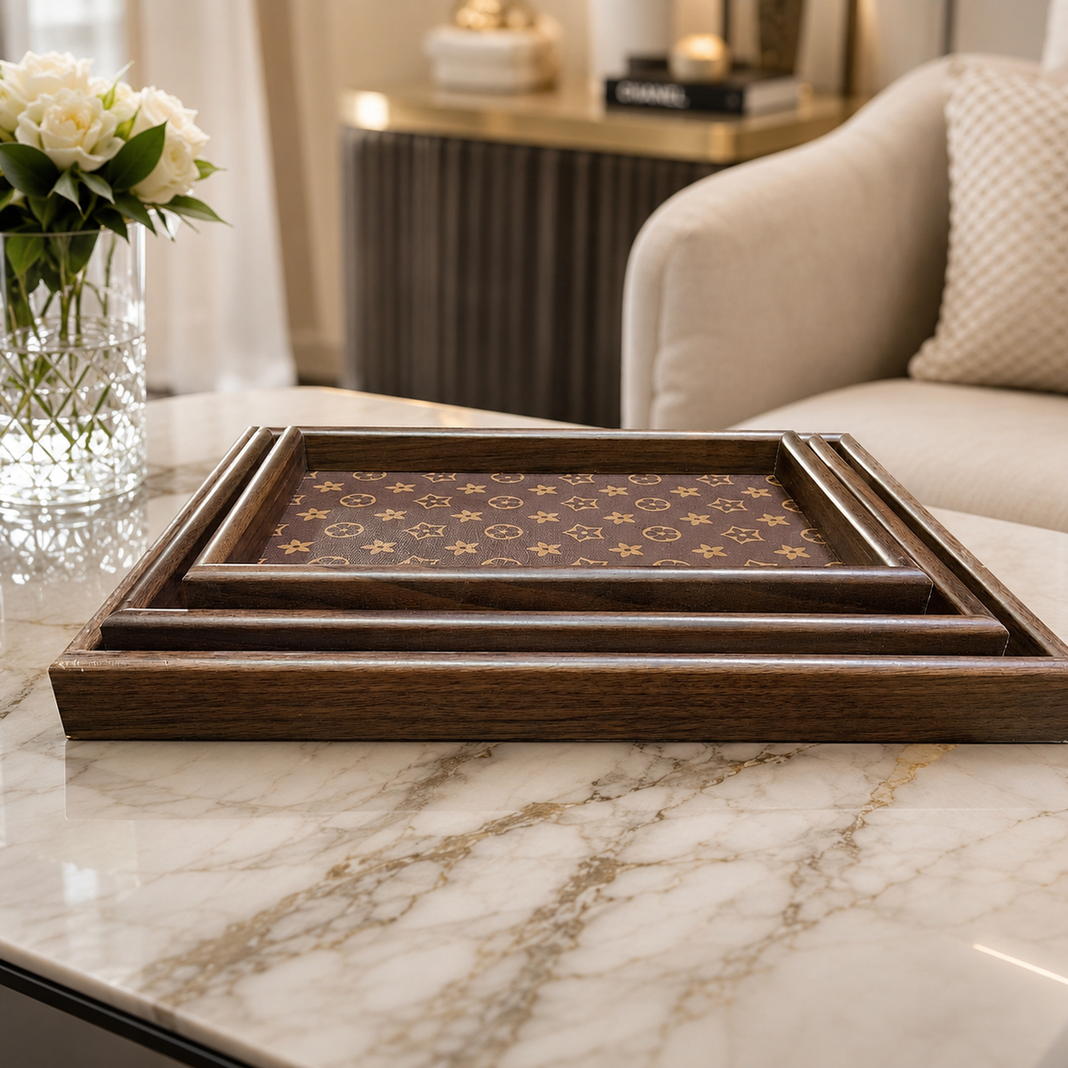 Premium Dark Brown Wooden Serving Tray Set – 3 Pcs | Luxury Gold Monogram Print Rectangular Trays with Raised Borders