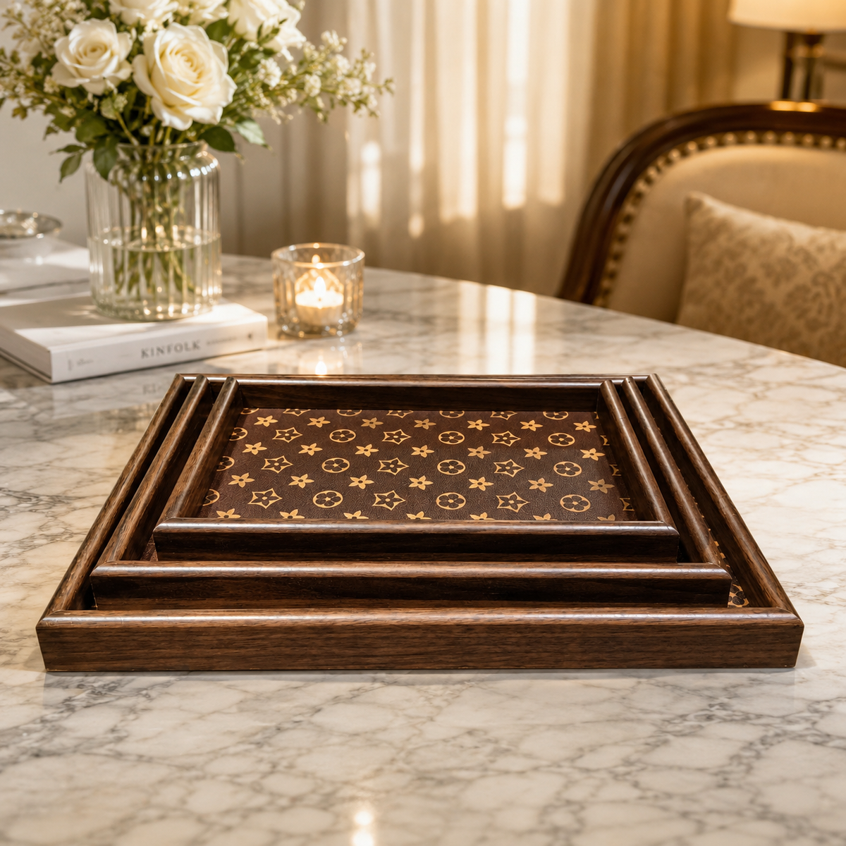 Premium Dark Brown Wooden Serving Tray Set – 3 Pcs | Luxury Gold Monogram Print Rectangular Trays with Raised Borders