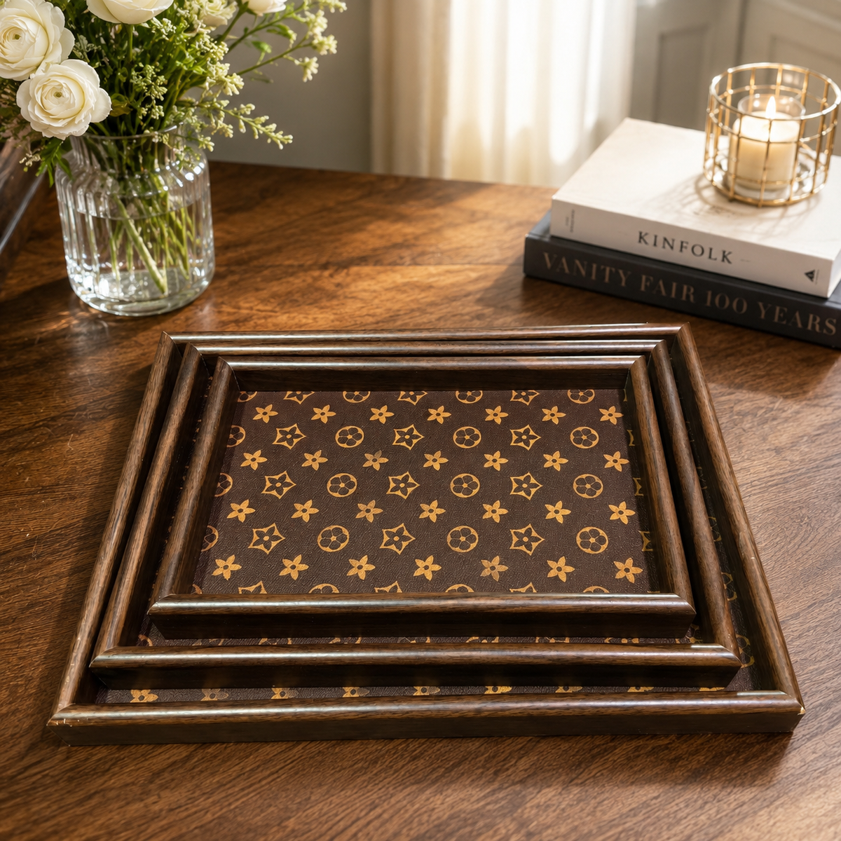 Premium Dark Brown Wooden Serving Tray Set – 3 Pcs | Luxury Gold Monogram Print Rectangular Trays with Raised Borders