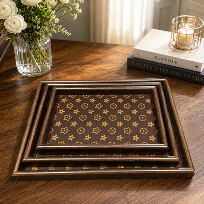 Premium Dark Brown Wooden Serving Tray Set – 3 Pcs | Luxury Gold Monogram Print Rectangular Trays with Raised Borders
