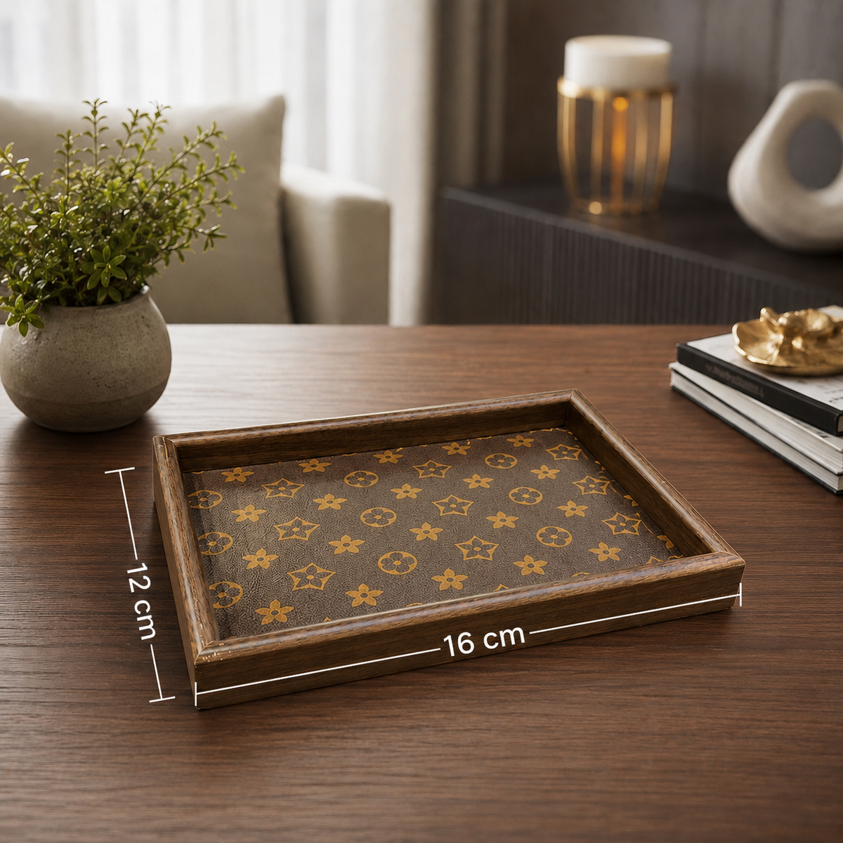 Premium Dark Brown Wooden Serving Tray Set – 3 Pcs | Luxury Gold Monogram Print Rectangular Trays with Raised Borders