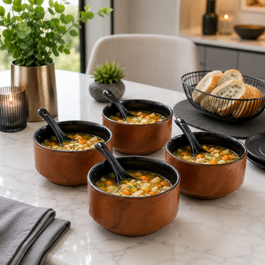 Premium Brown & Black Soup Bowl Set with Spoons – 12 Pcs (6 Bowls + 6 Spoons)