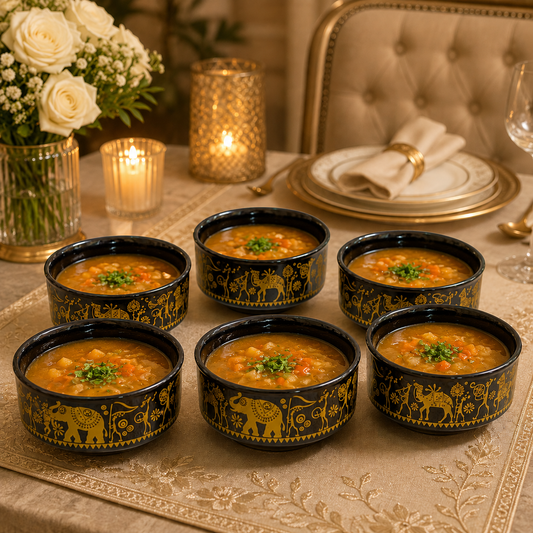 6-Piece Black Ceramic Serving Bowl Set with 6 Matching Spoons – Gold Traditional Design
