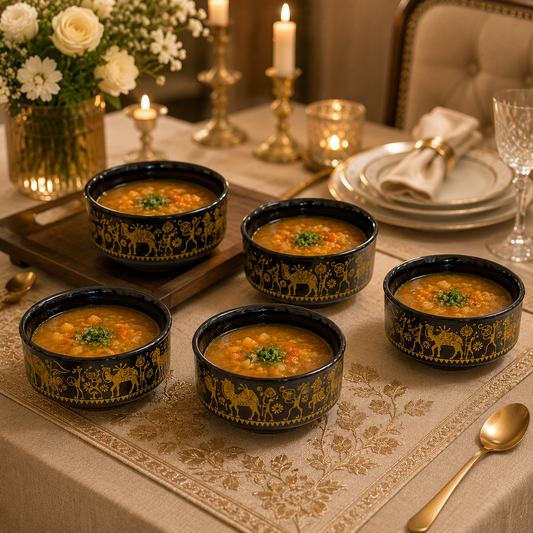 6-Piece Black Ceramic Serving Bowl Set with 6 Matching Spoons – Gold Traditional Design