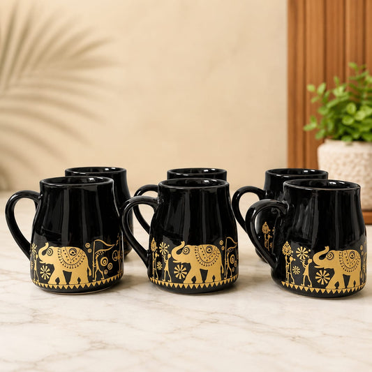 Ceramic Printed Tea/Coffee/Milk Cup Set (170 ml) Black color & (Set of 6) (Bottle Shape)
