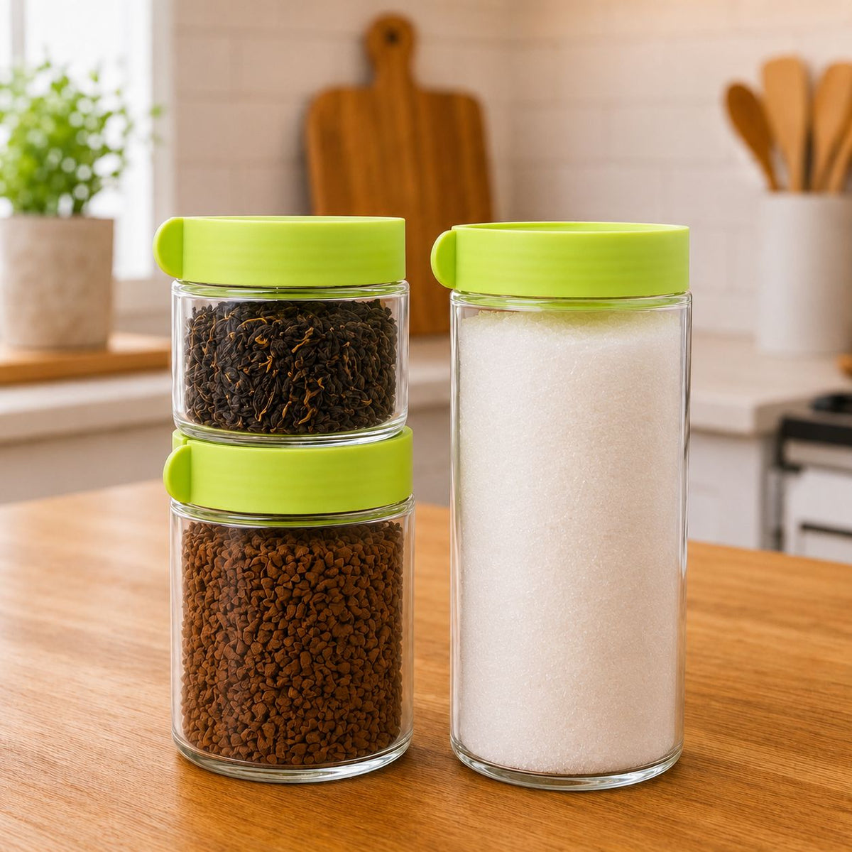Food Storage Jars with Green Lids| Set of 3 Kitchen Canisters for Sugar, Candy, Cookie, Rice, Pulses, Tea, Coffee & Sugar | 300 ml, 600ml, 1000ml