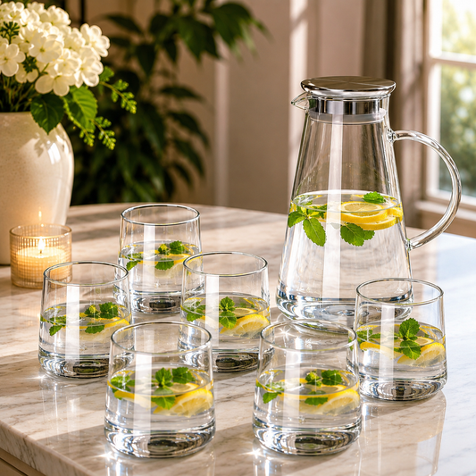 Lemon set,Stainless Steel Air Tight Lid, glass water jug  with borosile 6 Glasses,