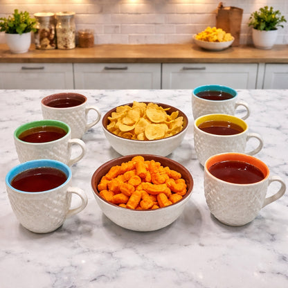 ceramic hand made multicolour snack set.  set of 8 pc set 6 cups and 2 bowls