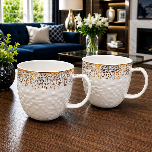 6-Piece Premium White Tea & Coffee Cups Set with Gold Geometric Design